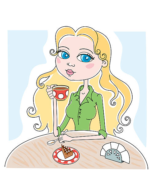 slim girl sitting at a table and drinking tea - curley cup stock illustrations