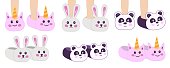 Home slippers with panda, rabbit, unicorn head on white background vector.