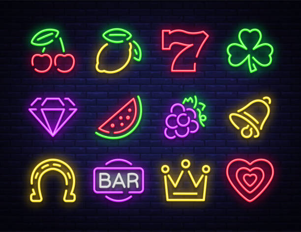 ilustrações de stock, clip art, desenhos animados e ícones de slot machine is a neon sign. collection of neon signs for a gaming machine. game icons for casino. vector illustration on casino, fortune and gambling. jackpot - casino icon