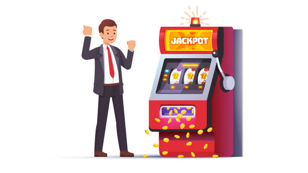slot machine jackpot win lucky man celebrating jumping happy winning vector