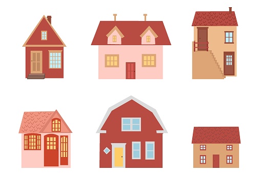 Small and big flat cartoon houses. Isolated vector set