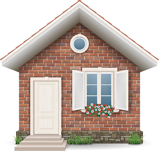 small brick house Small brick residential house with a window, door, grass and flower pots. window clipart stock illustrations