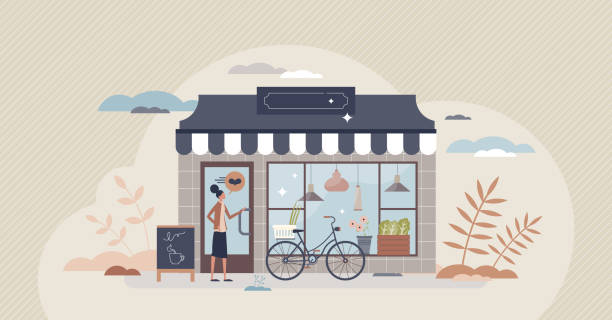 ilustraciones, imágenes clip art, dibujos animados e iconos de stock de pequeña empresa y tienda local con concepto de tienda boutique frente a la pequeña persona - small business
