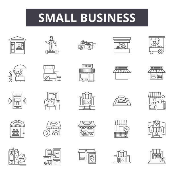 작은 비즈니스 라인 아이콘, 기호 설정, 벡터. 소규모 비즈니스 개요 개념, 그림: 비즈니스, 소규모, 건물, 상점, 시장 - small business stock illustrations