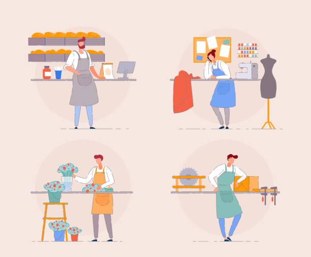 Small business owner. Florist, baker, carpenter. Small business owner. Cartoon portrait of business owner on workplace. Florist in flower shop, baker in a small bakehouse, carpenter and textile shop owner. Entrepreneur small business start open work small business stock illustrations