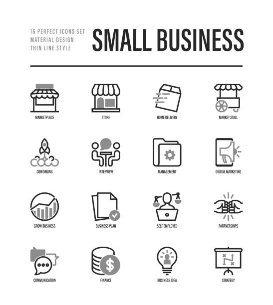 малый бизнес тонкая линия значки набор. рынок, рыночный киоск, доставка на дом, собеседование, коворкинг, стартап, цифровой маркетинг, диагр� - small business stock illustrations