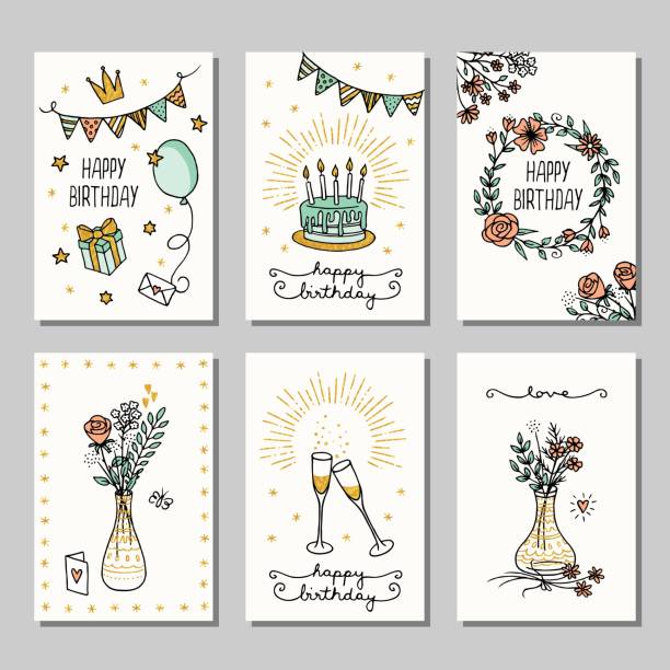 Small cards for birthday greetings Set of six hand drawn birthday mini cards, design template with flowers, champagne glasses and birthday cake birthday drawings stock illustrations