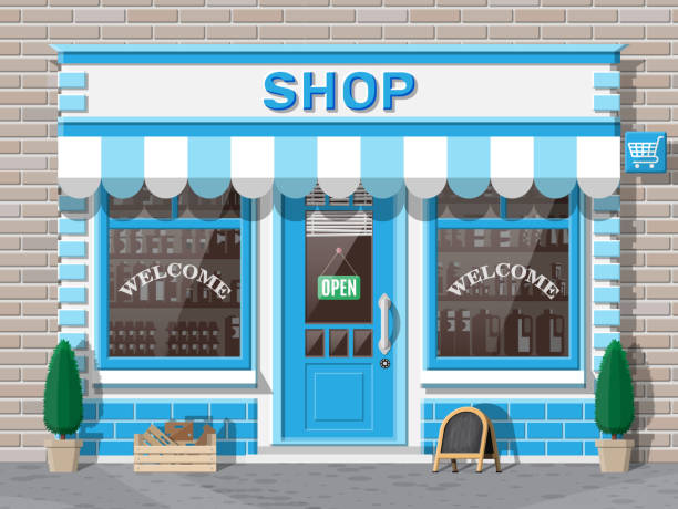 Small european style shop exterior. Empty store front with window and door. Wooden and brick facade. Glass showcase of boutique. Small european style shop exterior. Commercial, property, market or supermarket. Flat vector illustration store stock illustrations