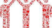 Small Group  Medical Rehabilitation Physical Therapy. The medical and rehabilitation icons fill in the main object and form a seamless pattern. The individual icons vary in shade of the red color and scale. They are carefully arranged together and completely fill the outline of the main shape. The icons include such Medical Rehabilitation Physical Therapy icons as medical supplies, first aid kit, people and therapist images and many more icons.