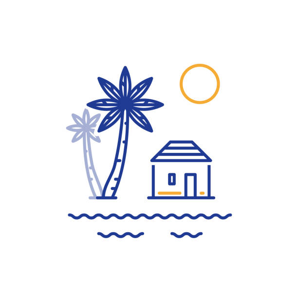 Small house and palm trees, bungalow by river or sea Island paradise, resort with bungalow on the sea shore, summer house, vector line illustration airbnb stock illustrations