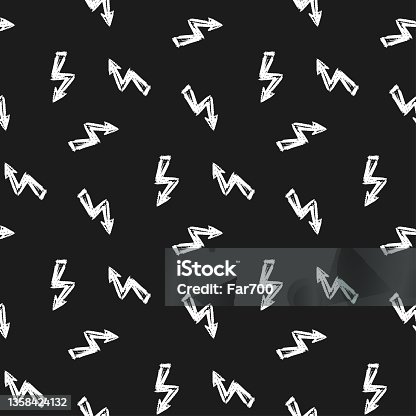 istock Small ink white lightning bolts isolated on black background. Monochrome seamless pattern. Vector flat graphic hand drawn illustration. Texture. 1358424132