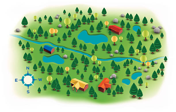 small landscape trees and homes map - 原木小屋 插圖 幅插畫檔、美工圖案、卡通及圖標