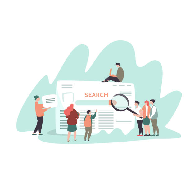 Small people and search engine result page Vector illustration of small people and search engine result page . Concept search engines, seo, marketing research illustrations stock illustrations
