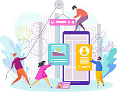 Small people are designing a mobile website. Web design, development. The website is under construction. Interface Design. Trendy flat vector style illustration.