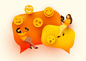 Small people flying around chat bubbles and emoji signs. Talking couple. Online messenger concept. Vector illustration.