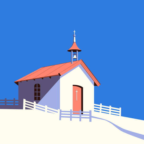 ilustraciones, imágenes clip art, dibujos animados e iconos de stock de pequeño vector de color plano de la iglesia católica rural - church