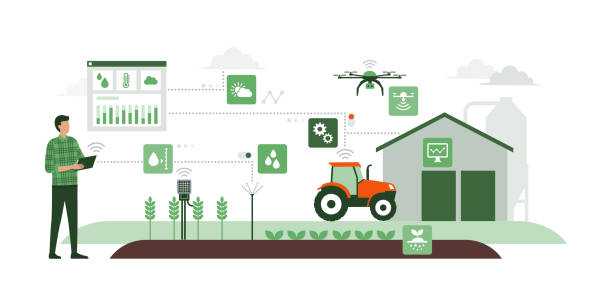 Smart agriculture and IOT Farmer managing his industrial farm with a mobile app on his tablet, IOT and smart farming concept drone symbols stock illustrations