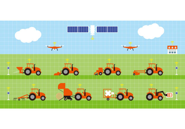 Smart agriculture. Automated agricultural tractor and herbage cultivation. Industry drone patterns stock illustrations