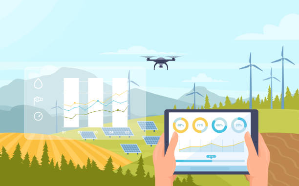 Smart agriculture innovation technology to control drone and solar power panel Smart agriculture innovation technology on farm field vector illustration. Cartoon farmer hands holding iot tablet with diagram data chart on screen interface to control drone and solar power panel drone designs stock illustrations
