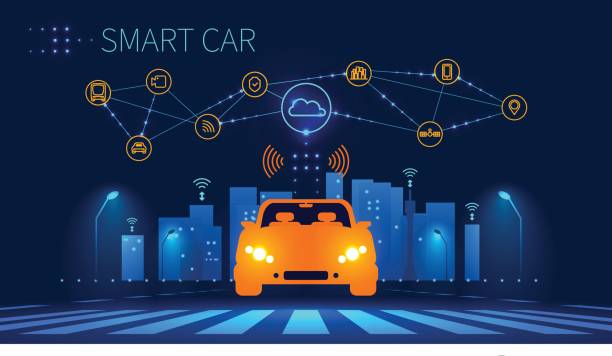 Smart car wireless network connection with smart city Smart car wireless network connection with smart city. Smart vehicle and automotive technology. Icons of city infrastructure. Taxi Future concept. Vector illustration. traffic patterns stock illustrations