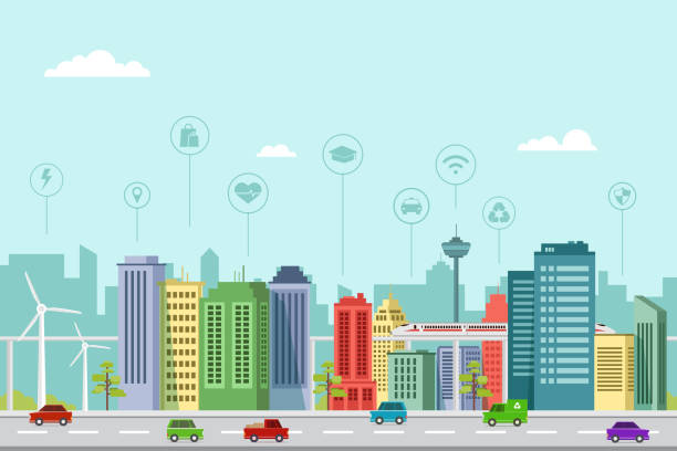 illustrazioni stock, clip art, cartoni animati e icone di tendenza di smart city costruzione design piatto in futuro - smart city
