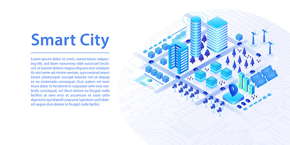 Smart city concept as 3d isometric vector illustration. Connected devices and buildings powered by renewable energy as wide web banner layout.