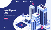 Smart city concept. Urban digital innovation office future city virtual town road smart skyscraper 3d isometric landing vector page. Illustration of smart city isometry web banner