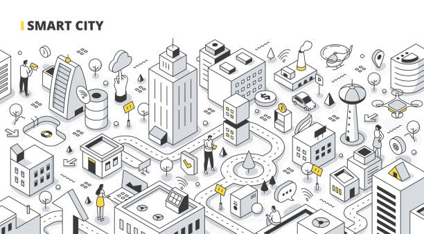 Smart City Isometric Outline Illustration Smart city concept. People collect data from urban activity and use it in pair with communication and IoT technology to increase city efficiency. Outline isometric illustration futuristic illustrations stock illustrations