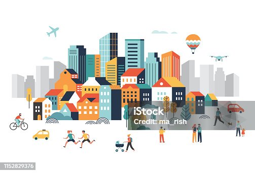 istock Smart city, landscape city center with many building, airplane is flying in the sky and people walking, running in park. Vector illustration 1152829376