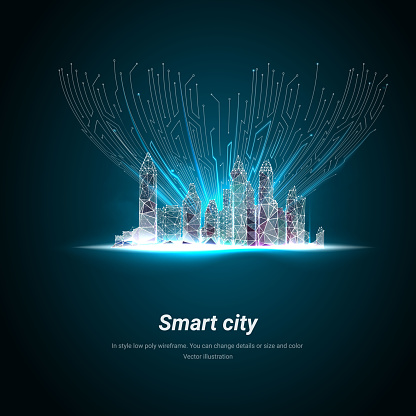 Smart city or intelligent building. Low poly wireframe. Building automation with computer networking illustration. Management system or thematical background. Plexus lines and points in silhouette.