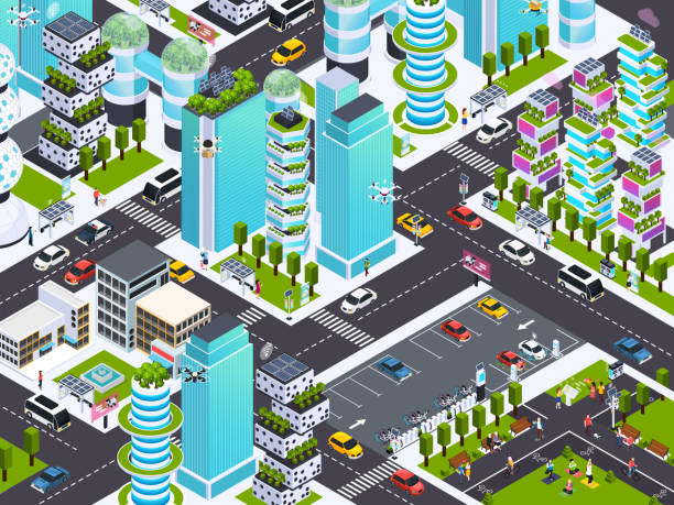 スマートシティ技術等角図 - 未来都市点のイラスト素材／クリップアート素材／マンガ素材／アイコン素材