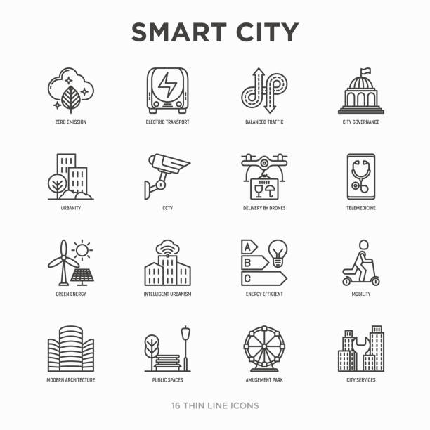 スマートな都市細い線アイコン セット: グリーン エネルギー、インテリジェントな都市計画、効率的な移動、ゼロ放出、電気伝導、バランスのとれた交通公共スペース、cctv、遠隔医療。ベ� - スマートシティ点のイラスト素材／クリップアート素材／マンガ素材／アイコン素材