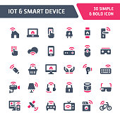 30 Editable vector icons related to internet of things (IoT). Symbols such as gadget that connect & interact with other smart devices are included. Still looks perfect in small size.