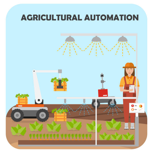 illustrazioni stock, clip art, cartoni animati e icone di tendenza di sfondo piatto della fattoria intelligente. automazione agricola e robotica - software agricoltura irrigazione