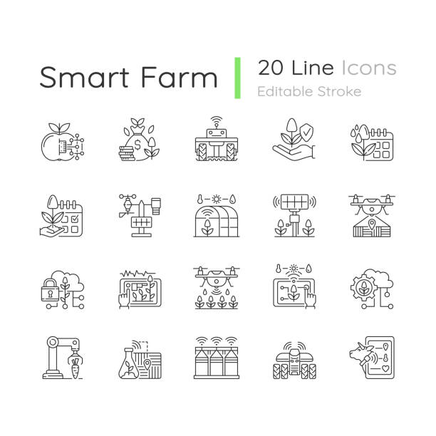 Smart farm system linear icons set Smart farm system linear icons set. Innovation technology. Industry automatization. Agrotechnology. Customizable thin line contour symbols. Isolated vector outline illustrations. Editable stroke drone clipart stock illustrations