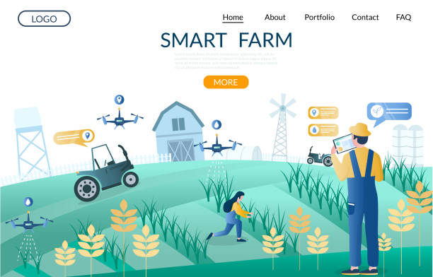 Smart farm vector website landing page design template Smart farm vector website template, web page and landing page design for website and mobile site development. Unmanned aerial vehicles drones, iot smart farming technology in agriculture. drone backgrounds stock illustrations