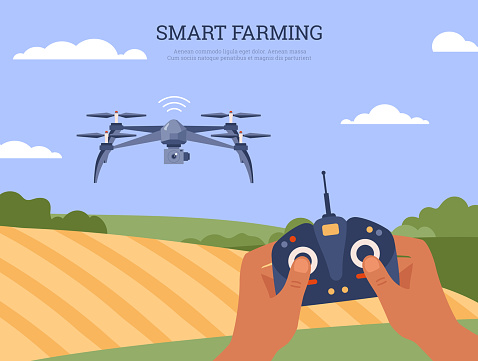 Smart farming concept, drone flying over the field, banner template - flat vector illustration.
