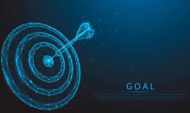 Smart goal setting, dart hit the center of dartboard glowing blue. Low polygon, particle, and triangle style design.Wireframe light connection structure. vector art illustration