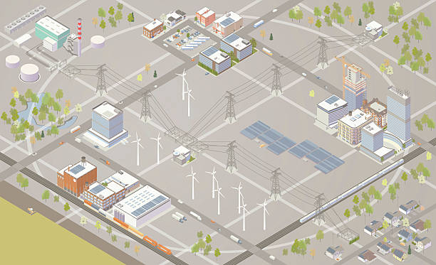 Smart Grid Illustration High detail illustration of an electrical smart grid with a power plant, renewable power sources, wind farm, solar farm, pylons, high voltage lines, substations, electric vehicles, a farm, manufacturing, city, homes, data center, and other details. vertical axis wind turbine stock illustrations