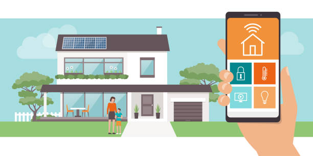 Smart home app Smart home app with control system, eco house on the background and family posing, technology and lifestyle concept control panel illustrations stock illustrations