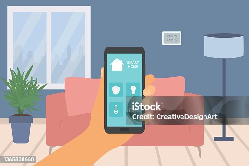 istock Smart Home Application On Mobile Phone With Living Room Background. Hand Holding Smartphone. 1365838660