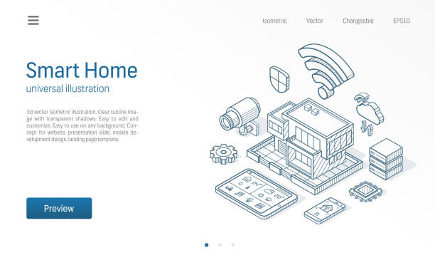 Smart Home isometric line illustration. Technology house, control cctv network, modern architecture building business sketch drawn icons. Automation system, iot concept. Smart Home isometric line illustration. Technology house, control cctv network, modern architecture building business sketch drawn icons. Abstract 3d vector background. Automation system, iot concept. security drawings stock illustrations