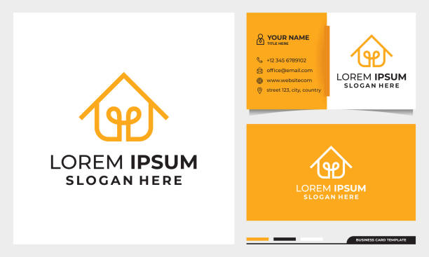 Smart home line art style logo design with business card template Smart home line art style logo design with business card template roofing business card stock illustrations