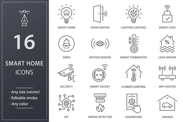 Smart home line icons set. Black vector illustration. Editable stroke. Set of smart home icons, such as climate control, security, iot, camera and more. Editable stroke. smart thermostat stock illustrations