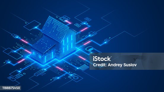 istock Smart home technology conceptual banner. Building consists digits and connected with icons of domestic smart devices. illustration concept of System intelligent control house on blue background. IOT. 1188875450