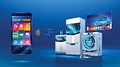 Smart kitchen. the smart phone manages kitchen appliances: dishwasher, refrigerator. washing machine. robot vacuum cleaner, smart TV. VECTOR. isometric illustration