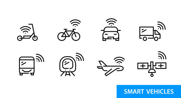 Smart modes of transportation. Wireless connection and self-driving vehicles. Pixel perfect, editable stroke line art icons set vector art illustration