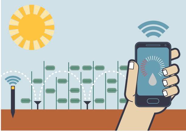 illustrazioni stock, clip art, cartoni animati e icone di tendenza di irrigazione del raccolto del sensore per smartphone - software agricoltura irrigazione