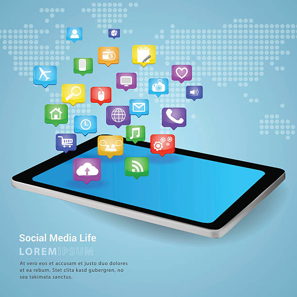 ilustraciones, imágenes clip art, dibujos animados e iconos de stock de teléfono inteligente de los medios sociales. - social media icons
