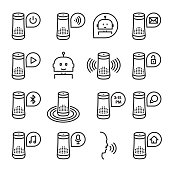 Smart speaker vector icon set isolated from background. Artificial intelligence smart support or assistance. Collection of speakers outline illustrations in black and white colors.